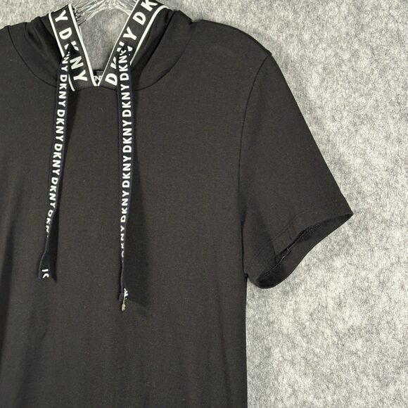 DKNY Athleisure Black Hooded Logo A Line Dress Sz Med Stretch Knit Short Sleeve - Picture 3 of 11